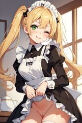 1girls ai_generated blonde_hair cute green_eyes lifting_skirt maid no_panties pussy smile tea twintails wink