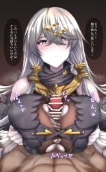 1boy absurdres atelier_(series) atelier_ryza atelier_ryza_1 bare_shoulders blush breasts commentary_request crossed_bangs female grey_hair hair_between_eyes hair_ornament hairclip heterochromia highres large_breasts lila_decyrus long_hair paizuri pale_skin translation_request ville87804