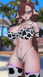 bikini cow_ears cow_girl cow_horns gloves nose_piercing red_eyes sunglasses thighhighs tounge_out vr vrchat ximplivr