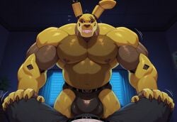 2boys ai_generated bulge bulge_under_clothes civitai clothes five_nights_at_freddy's five_nights_at_freddy's_3 gay gay_domination hands_on_knees looking_at_bulge looking_down male male_only muscular muscular_male nipples rabbit rabbit_ears smiling smirk springtrap springtrap_(fnaf) underwear