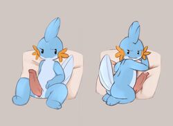 1boy animal_genitalia big_penis genital_slit luke_the_mudkip male male_only moonlight-kat mudkip multiple_poses nintendo nude penis pillow pokemon pokemon_(species) pose precum semi-anthro slit solo video_games