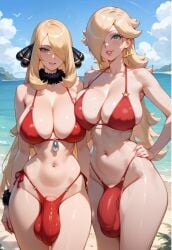 2girls ai_generated aiartf4 bikini bulge cynthia_(pokemon) futa_only futanari huge_balls huge_breasts huge_bulge huge_cock mario_(series) pokemon princess_rosalina