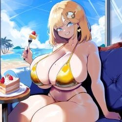 ai_generated big_breasts blonde_hair blue_eyes breasts breasts_bigger_than_head cleavage hololive hololive_english hololive_myth huge_breasts large_breasts mole_on_breast sideboob sitting thick_thighs virtual_youtuber vtuber watson_amelia yellow_bikini