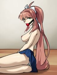 1girls ball_gag breasts doki_doki_literature_club drool drooling gag green_eyes hair_ribbon light_brown_hair long_hair looking_at_viewer monika_(doki_doki_literature_club) panties ponytail skirt solo triplestabber upskirt