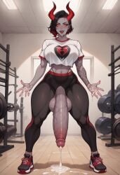 ai_generated bra cum cum_drip cum_on_body cum_on_breasts cum_on_face demon demon_girl futa_focus futa_only futanari huge_ass huge_balls huge_breast huge_butt huge_cock krauswnori skindentation sports_bra sportswear