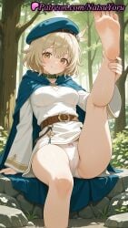 1girls ai_generated anime anime_style arm_support asian bangs bare_legs barefoot belt beret blonde_hair blue_cape blue_headwear blush bow bow_panties breasts brown_belt brown_eyes bust busty cameltoe cape choker cloak closed_mouth clothing_cutout collar crossed_bangs delicious_in_dungeon dress dungeon_meshi falin_touden feathers feet female female_focus female_only fetish flower foot_fetish foot_focus foot_out_of_frame forest green_choker green_headwear hair_between_eyes hat hat_feather hi_res high_quality high_resolution highres kneepits leg_up legs legs_up lipstick long_sleeves looking_at_viewer medium_breasts natsuyoru nature outdoors pale_skin panties pantsu patreon pov_feet presenting_foot rock shirt short_dress short_hair sitting smile soaking_feet soles solo solo_female spread_toes sweat thighs toes tree underwear voluptuous voluptuous_female water white_dress white_flower white_panties white_shirt yellow_eyes