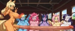 6girls ai_assisted ai_generated anthro applejack_(mlp) barn double_v fluttershy_(mlp) futanari huge_breasts hyper hyper_penis inside mane_six_(mlp) my_little_pony open_mouth pinkie_pie_(mlp) rainbow_dash_(mlp) rarity_(mlp) shocked twilight_sparkle_(mlp) v-sign veiny_penis victory wings