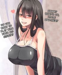 big_breasts black_hair blush female_focus long_hair sister solo_female