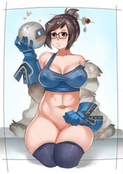 10hmugen big_thighs bottomless chubby curvy emmaai erect_nipples erect_nipples_under_clothes female glasses hair_bun huge_thighs human mei_(overwatch) overwatch snowball_(overwatch) solo thick_thighs thighhighs wide_hips