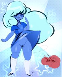 bottomless gem_(species) lilithn no_panties nosebleed pussy ruby_(steven_universe) sapphire_(steven_universe) steven_universe upskirt wardrobe_malfunction wind wind_lift windy_skirt