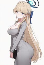 1girls ai_generated ass big_ass big_breasts blonde_hair blue_archive blue_eyes breasts cleavage dongtan_dress dress expressionless from_side grey_dress hair_ribbon halo holding_object long_hair tight_clothing toki_(blue_archive)
