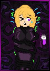 alisha_ahsila big_breasts blonde_hair bodysuit breasts pixel_art purple_eyes scouter self_upload sweatdrop tentacle tentacles_around_body tentacles_around_breasts tentacles_around_legs tentacles_around_wrists tentacles_between_breasts tentacles_everywhere text trapped_in_tentacles wrapped_in_tentacles zixy