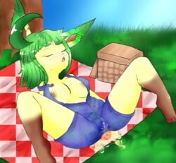 2016 anthro basket big_breasts breasts closed_eyes clothing eeveelution female hair hi_res leafeon nintendo nipples open_mouth outside overalls peeing picnic_basket picnic_blanket pokemon pokemon_(species) raveneevee sky solo tree urine video_games watersports wetting