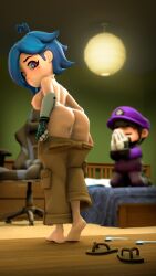 barefoot bed bedroom blue_hair blushing breasts breasts_out elbenjo gaming_chair looking_back no_bra panties pants_down pouting praying sandals showing_ass smg3 smg4 socks tari_(smg4) teasing_viewer undressing white_inkist