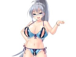 1girls akagi_rio areolae bare_arms bare_legs bare_shoulders blue_eyes bra breasts censored cowboy_shot crotchless_panties eyebrows eyebrows_visible_through_hair female game_cg glasses grey_hair hand_on_hip huge_breasts legs lingerie long_hair looking_at_viewer mosaic_censoring mound_of_venus navel nippleless_clothes nipples open_mouth panties ponytail pussy silver_hair simple_background smile solo standing tanetsuke_kyoushitsu thighs tied_hair underwear white_background