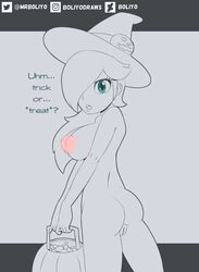 1girls ass blue_eyes boliyo breasts cosplay hair_over_one_eye halloween hat line_art mario_(series) mario_kart mario_kart_tour monochrome nintendo nipples nude nude_female pink_nipples princess_rosalina pussy witch_hat