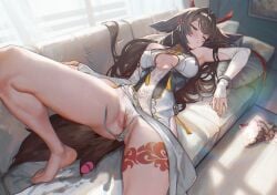 1girls absurdres accidental_exposure after_masturbation animal_ears breasts brown_hair brown_tail censored china_dress chinese_clothes clothing_aside commentary couch detached_sleeves dress egg_vibrator female female_pubic_hair fox_ears fox_girl fox_tail hairband highres indoors kryp132 leg_tattoo long_hair manga_(object) medium_breasts on_couch panties pelvic_curtain pelvic_curtain_aside pornography pubic_hair pussy pussy_juice_stain ribbon ribbon_panties sex_toy side-tie_panties sleeping solo tail tattoo underwear untied_panties vibrator white_hairband white_panties ye_shunguang zenless_zone_zero
