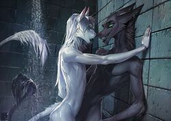 2016 anthro ces endy feline fur hair long_hair male mammal monster muscular nude shower smile water wet wildering yaoi