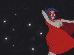 1980s_(style) 2025 2025s 80s breasts cape_only dark_background fake_screenshot mask nipples nude_cape oc oc_character original original_character reference stars the_red_capeness tokimeki_tonight