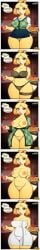 absurd_res animal_crossing anthro blonde_hair breakfast breasts brown_eyes camel_toe canid canine canis clothed clothing domestic_dog female food gradient_background green_panties hair hi_res isabelle_(animal_crossing) kevwrite legwear long_image mammal nintendo nipples nude nude_female pancake panties partially_clothed pattern_clothing pattern_legwear pubes simple_background solo speech_bubble striped_clothing striped_legwear striped_panties stripes tall_image text towel translucent translucent_clothing underwear upskirt yellow_body