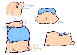 aliasing ass beige_pillow big_ass big_belly big_breasts big_hips blue_pillow blush breast_pillow breasts busty busty_object cubbycrazes_(artist) heart hearts_around_head hips huge_ass huge_breasts huge_hips inanimate inanimate_object lying lying_on_back lying_on_side no_shading object objectophilia objectum pillow pussy stitch_(sewing) stripes stuffed stuffed_belly tag voluptuous voluptuous_object white_background yellow_pillow zipper