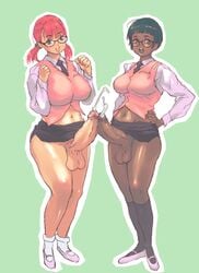 2girls bimbo cum dark_skin decensored ejaculation erection frottage futanari intersex konbuni penis penis_under_skirt school_uniform testicles uncensored