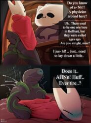 anthro arthropod arthropod_abdomen arthropod_abdomen_anus arthropod_abdomen_genitalia ass black_body black_eyes blush bodily_fluids cloak closed_eyes clothing dialogue duo ejaculation english_text female female_penetrated genital_fluids genitals greyroot hi_res hollow_knight hollow_knight:_silksong hollow_knight_(franchise) hornet_(hollow_knight) jarnqk male parasite penetration rear_view red_cloak red_clothing squirting team_cherry tentacle tentacle_creature tentacle_in_vagina tentacle_penetration text vaginal_fluids vaginal_penetration vaginal_squirting