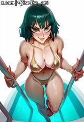 ai_generated bikini black_hair blush breasts cise4ka collarbone female fingernails fubuki_(one-punch_man) gold_bikini green_eyes green_hair green_nails large_breasts looking_at_viewer nail_polish navel pool pool_ladder poolside sensitive shiny_skin short_hair side_tie_bikini_bottom skindentation smile solo swimsuit thighs v_shaped_eyebrows wading water wet