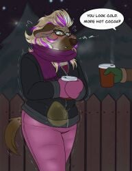 anthro beverage bibarel_rei bladder blush bodily_fluids english_text female full_bladder genital_fluids holding_beverage holding_object hyena mammal nervous omorashi organs peeing peeing_self solo spotte_(anubix) text urine watersports