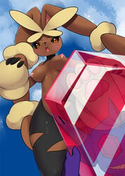 1girls alternate_form ambiguous_gender animal_ears blush breasts bunny_ears bunny_tail censored crystal female furry gem lopunny mega_lopunny mega_sableye nintendo nipples no_humans pokemon pokemon_(species) pussy reflection sableye sky tail torn_pantyhose yellow_eyes