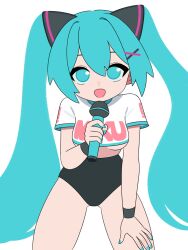 :d alternate_costume aqua_eyes aqua_hair aqua_nails aqua_necktie black_arm_warmers black_leotard black_thighhighs deformed female full_body grey_shirt hatsune_miku highres hochihochiha hochihochihavocaloid holding holding_microphone leotard long_hair looking_at_viewer microphone necktie open_mouth shirt sidelocks simple_background sleeveless sleeveless_shirt smile solo thighhighs twintails white_background