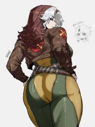 1girls ass ass_focus belt brown_hair cropped_jacket dat_ass eyebrows_visible_through_hair eyes_visible_through_hair fully_clothed gambit gambit_(marvel_rivals) gybeth large_ass leather_jacket looking_at_viewer looking_back marvel marvel_comics marvel_rivals rogue_(marvel_rivals) rogue_(x-men) simple_background solo spandex thick_thighs voluptuous white_background white_hair x-men