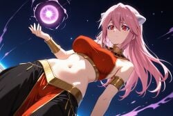 1girl ai_generated alternate_universe armlet bare_shoulders black_pants bracelet bracer breasts closed_mouth cowboy_shot crop_top dutch_angle egyptian_clothes elfen_lied energy_ball expressionless female frown god_of_destruction gold_trim groin hair_between_eyes halterneck hand_up horns jewelry large_breasts long_hair looking_at_viewer lucy_(elfen_lied) magic medium_breasts midriff navel neck_ring night night_sky orb outdoors pants pelvic_curtain pink_hair pixiv red_eyes red_shirt rena_aikawa_(pixiv_user) shirt sidelocks sky sleeveless sleeveless_shirt solo stable_diffusion standing star_(sky) starry_sky stomach usekh_collar white_horns