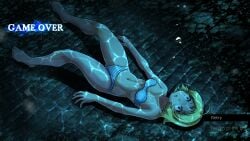asphyxiation bikini blonde_hair breasts collarbone corpse death drowned drowning empty_eyes female female_death fine_(foxeye) foxeye_(artist) game_cg game_over lake_bottom_girl:_fine_and_the_sunken_starship navel original original_character red_eyes small_breasts solo strapless_bikini striped_bikini swimsuit underwater