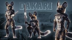 3d_(artwork) abs african_wild_dog anthro armor athletic athletic_anthro athletic_male balls bared_teeth blue_eyes bottomwear bracers brown_body brown_fur bulge canid canine canis cheek_tuft clothing dakari_(johnwulffe) digital_media_(artwork) facial_tuft feathers fur fur_markings genitals hi_res holding_object holding_weapon jewelry johnwulffe kneeling knife loincloth looking_at_viewer male mammal markings melee_weapon model_sheet multiple_poses necklace polearm pose shoulder_pads solo spear standing straps teeth tribal tribal_clothing tribal_jewelry tuft weapon whiskers