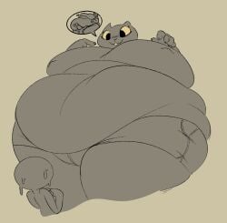 anon big_belly big_breasts black_cat claws cute_face fat grey huge_belly huge_breasts looming love_handles nipple_bulge obese overweight pointing_at_self shorts smokii speech_bubble thick_thighs towering_over yellow_eyes yellow_mouth