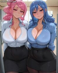 2girls ai_generated arms_behind_back bangs black_skirt blue_eyes blue_hair blue_shirt blush breast_press breasts cleavage closed_mouth collarbone collared_shirt covered_navel dandanhub dress_shirt fairy_tail female female_only indoors juvia_lockser large_breasts long_hair looking_at_viewer meredy_(fairy_tail) multiple_girls office_lady pantyhose partially_unbuttoned pencil_skirt pink_eyes pink_hair ponytail red_eyes shirt shirt_tucked_in siblings sidelocks sisters skirt smile sweat white_shirt