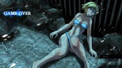 asphyxiation bikini blonde_hair breasts collarbone corpse death drowned drowning empty_eyes female female_death fine_(foxeye) foxeye_(artist) game_cg game_over lake_bottom_girl:_fine_and_the_sunken_starship navel original original_character red_eyes small_breasts solo strapless_bikini striped_bikini swimsuit underwater