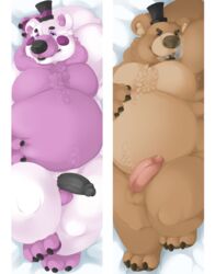 3_toes animal_genitalia anthro arm_above_head armpit_hair armpits balls bear belly black_hat black_nose blue_eyes body_hair bondage brown_nose chest_hair cigar claws dakimakura_design duo erection five_nights_at_freddy's freddy_(fnaf) frots funtime_freddy_(fnafsl) hair hand_on_stomach hat headgear hi_res lying male male_only mammal nipples nude partially_retracted_foreskin pecs penis pose relaxing sister_location slightly_chubby smile smoke smoking teeth toes tongue uncut vein veiny_penis video_games