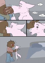 anthro blush boar canine carrying clothed clothing comic erection fellatio fox hi_res larger_male looking_up male mammal okadu oral penis picking_up porcine precum prostitution sex size_difference smaller_male tongue tongue_out yaoi