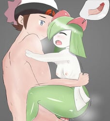 1boy 1girls ass back big_ass blue_eyes blush bottomless breasts brendan_(pokemon) brendan_(pokemon_oras) brown_hair closed_eyes cum cum_inside erection eyelashes female green_skin grey_background hat highres hug human interspecies kirlia male nipples nude open_mouth penis pokemon pokemon_(species) pokemon_oras pussy_juice pyesan red_eyes saliva sex small_breasts spread_legs straight sweat thighs trembling