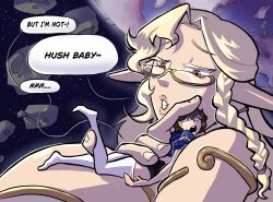big_breasts blonde_eyelashes blonde_hair bluesky_link carrying commission deviantart_link digital_drawing_(artwork) elf_ears embrace embracing english_text gentle_giantess gentle_mommy giantess glasses golden_eyes holding_mini_person huge_breasts hyper_breasts larger_female mommy mrmoosegts pointy_ears size_difference space_background text text_bubble tiny_female