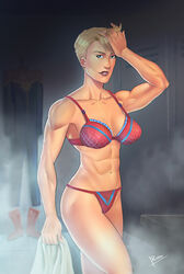 1girls abs blonde_hair bra captain_marvel carol_danvers female female_only lingerie marvel muscles muscular muscular_female panties reiner55 short_hair solo