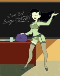 bra classroom cleavage closed_eyes disney disney_channel female high_heels kim_possible lingerie medium_breasts miss_go open_mouth panties roger_bacon see-through shego solo