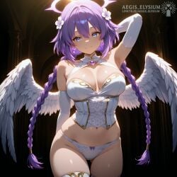 1girls 2025 aegis_elysium ai_generated angel angel_halo angel_wings arm_up armpit bed blue_eyes blush blushing_at_viewer blushing_female braids breasts choujigen_game_neptune cleavage compile_heart costume fantasy female female_focus female_only gloves hair_ornament halo headpiece hi_res high_quality high_res high_resolution highleg highleg_leotard huge_breasts hyperdimension_neptunia hyperdimension_neptunia_the_animation idea_factory indoor indoors large_breasts leotard long_hair neptune_(neptunia) neptunia_(series) purple_eyes purple_hair purple_heart_(neptunia) ring room shiny shiny_skin shy sitting sitting_on_bed skindentation smile smiling_at_viewer solo solo_focus table thick thick_breasts thick_thighs thighhighs thighs tiara very_long_hair wall wall_(structure) watermark wings