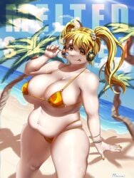 11onomi 2025 artist_name beach blonde_hair bracelets brown_eyes chubby chubby_female crumbs_on_face eating female_only food headphones huge_breasts looking_at_viewer manicure nitroplus overweight painted_nails palms pearls ponytails print_bikini redraw sand sea self_upload smile smiling solo solo_focus summer super_pochaco sweat sweaty_body swimsuit thick_thighs twintails watermelon_print yellow_hair yellow_nails yellow_swimsuit
