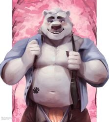 2019 5_fingers aggressive_retsuko anthro bakemonoy belt black_eyes blush bottomwear cherry_blossom clothed clothing eyebrows fingers fur grin half-closed_eyes hi_res jockstrap looking_at_viewer male male_only mammal musclegut muscular muscular_male navel navel_rim necktie open_shirt pants pawpads pecs penis plant polar_bear sanrio shirota smile smooth_fur tattoo tree underwear undressing ursid ursine vein veiny_penis white_fur