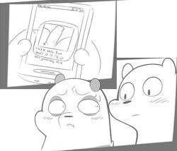 blush embarrassed erection ice_bear lemon_smoothie male male_only monochrome panda_(character) penis phone sweat we_bare_bears