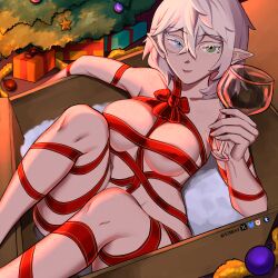 christmas christmas_outfit elezen elf elf_ears final_fantasy_xiv freckles gift_wrapped half_elf heterochromia hyur noelle_artorien oc red_ribbon scar white_eyelashes white_hair wine_glass