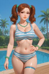 ai_generated brown_hair coconut_tree cute earrings hair_ornament necklace one_hand_on_hip poolside rgomez007 stable_diffusion striped_bikini thigh_strap twintails